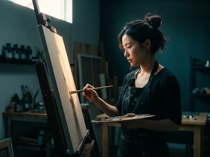 Woman Painter Lit by an Amber Shaft in a Dark Studio — AI-generated photograph