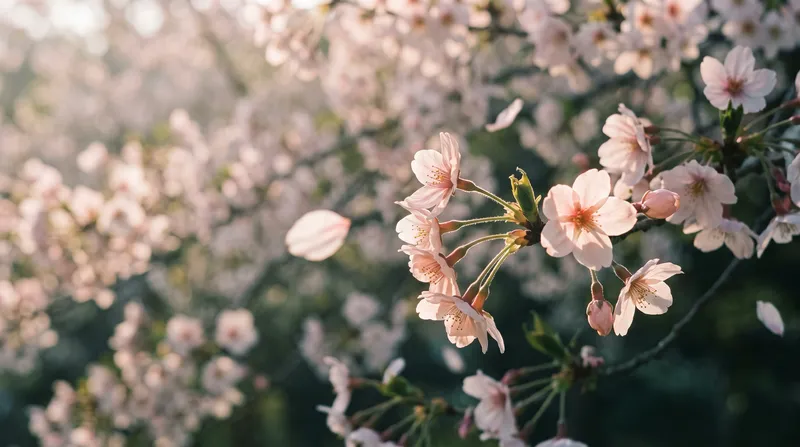Backlit Pink Cherry Blossoms and Drifting Petals — AI-generated photograph