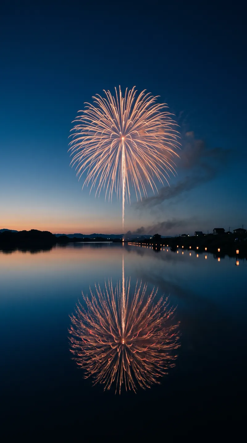 Single Firework Bursting Over Still Water at Night — AI-generated photograph