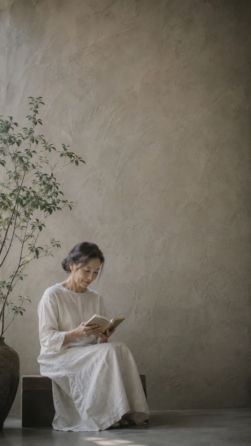 Older Woman Reading Beneath a Plaster Wall — AI-generated photograph