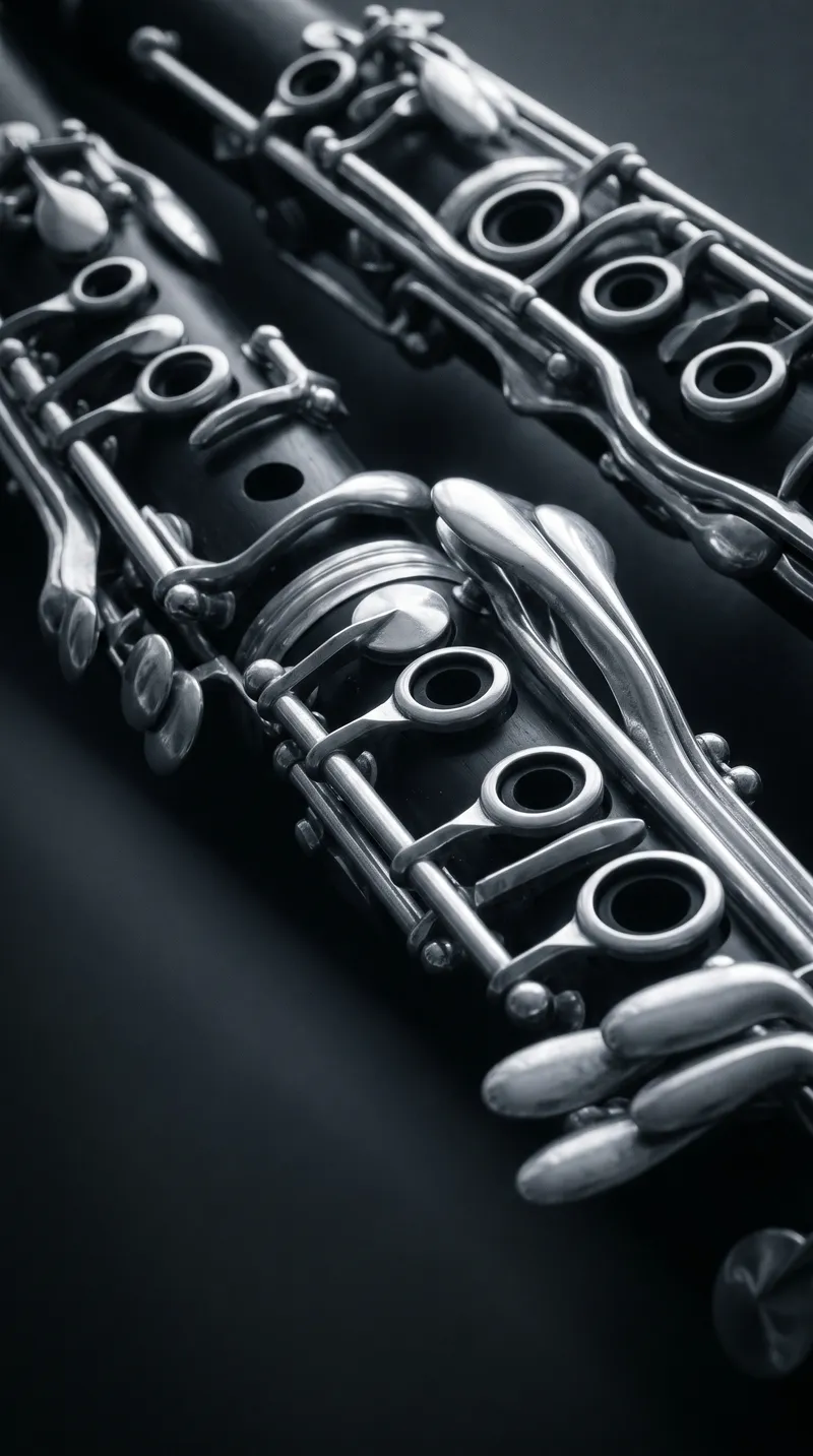 Clarinet Keys in Selenium Monochrome — AI-generated photograph