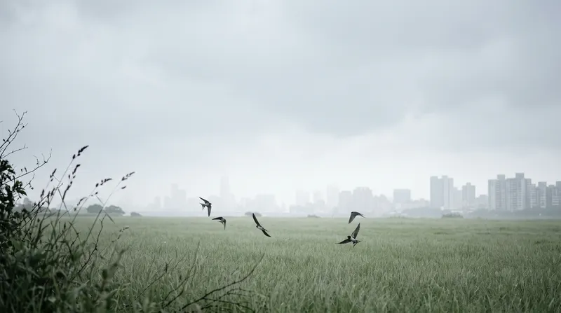 Swallows Over a Riverside Sports Field in Overcast Light — AI-generated photograph