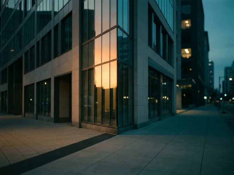 Dusk Glass Facade in Amber and Teal — AI-generated photograph