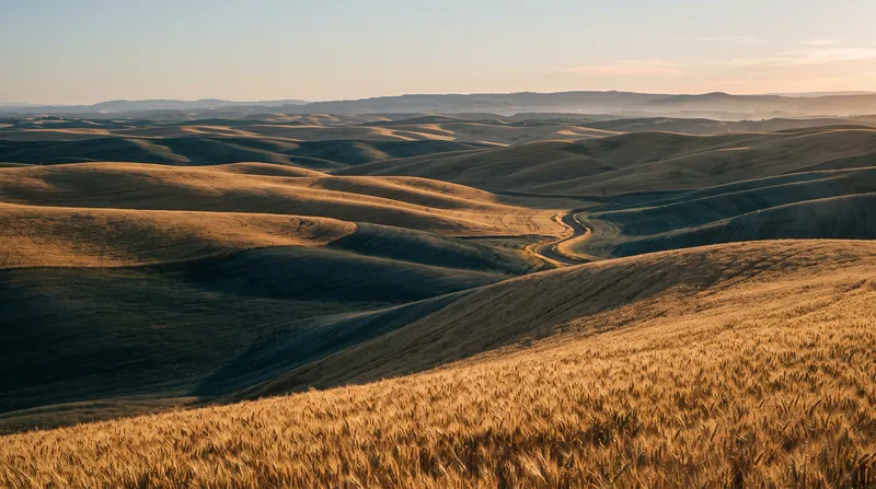 Layered Golden Wheat Hills in Low Sunlight — AI-generated photograph