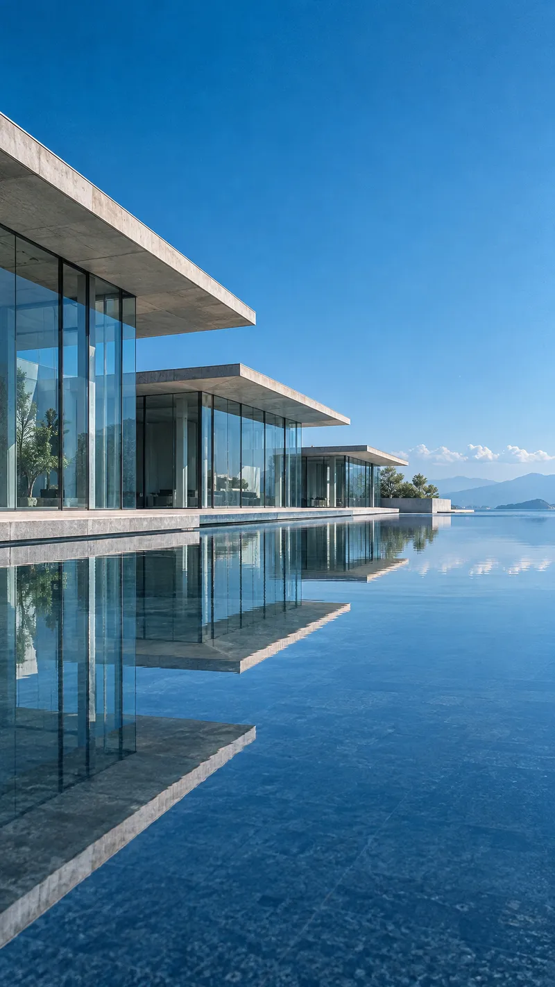 Stepped Glass Building Beside Still Water — AI-generated photograph