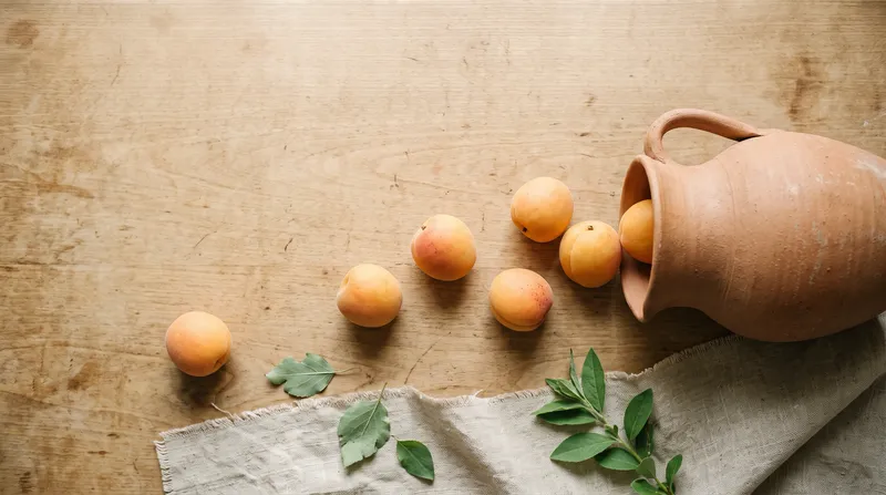 Overhead View of a Clay Jug and Apricots on Wood — AI-generated photograph