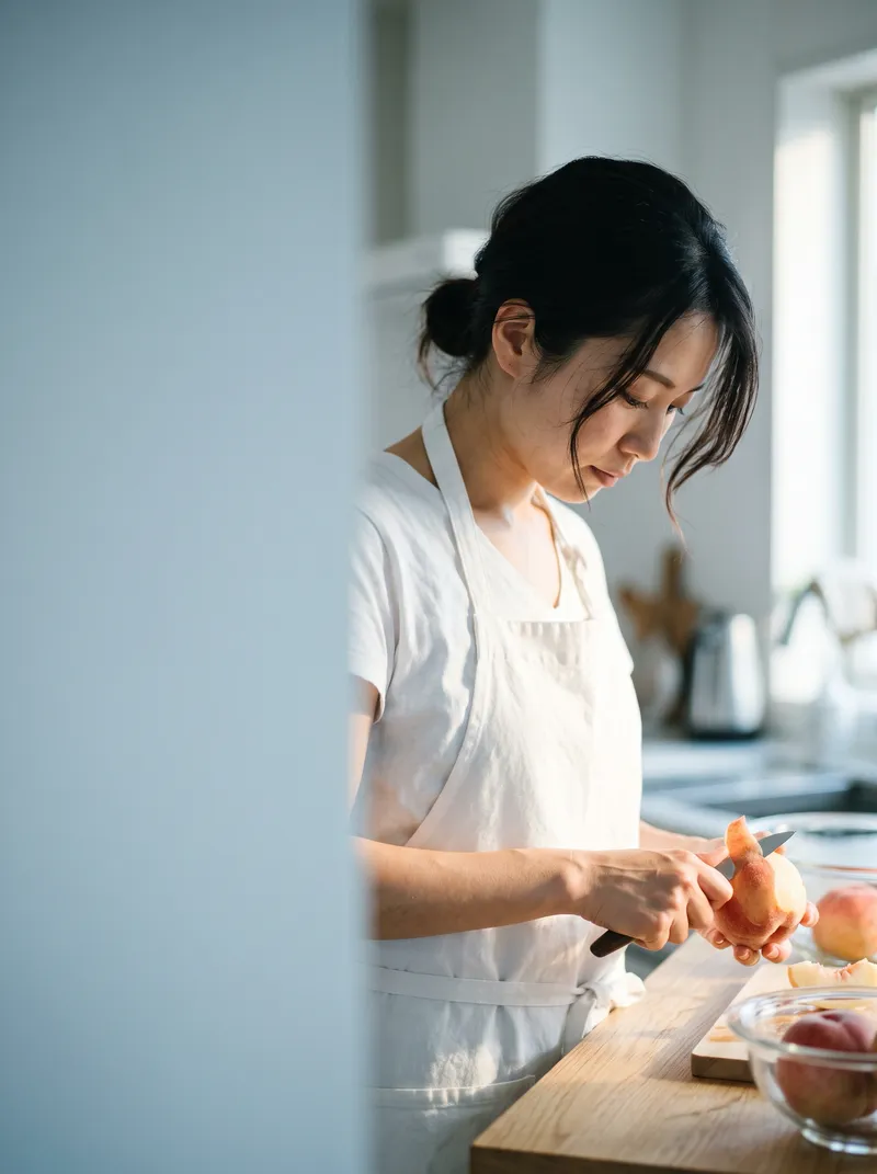 Young Woman Peeling a Peach in Warm Light — AI-generated photograph