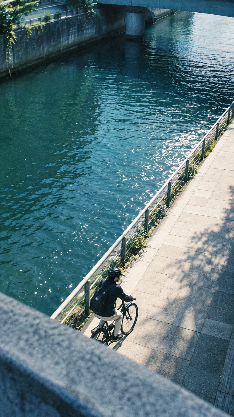 Cyclist Beside a Canal Beneath a Bridge — AI-generated photograph