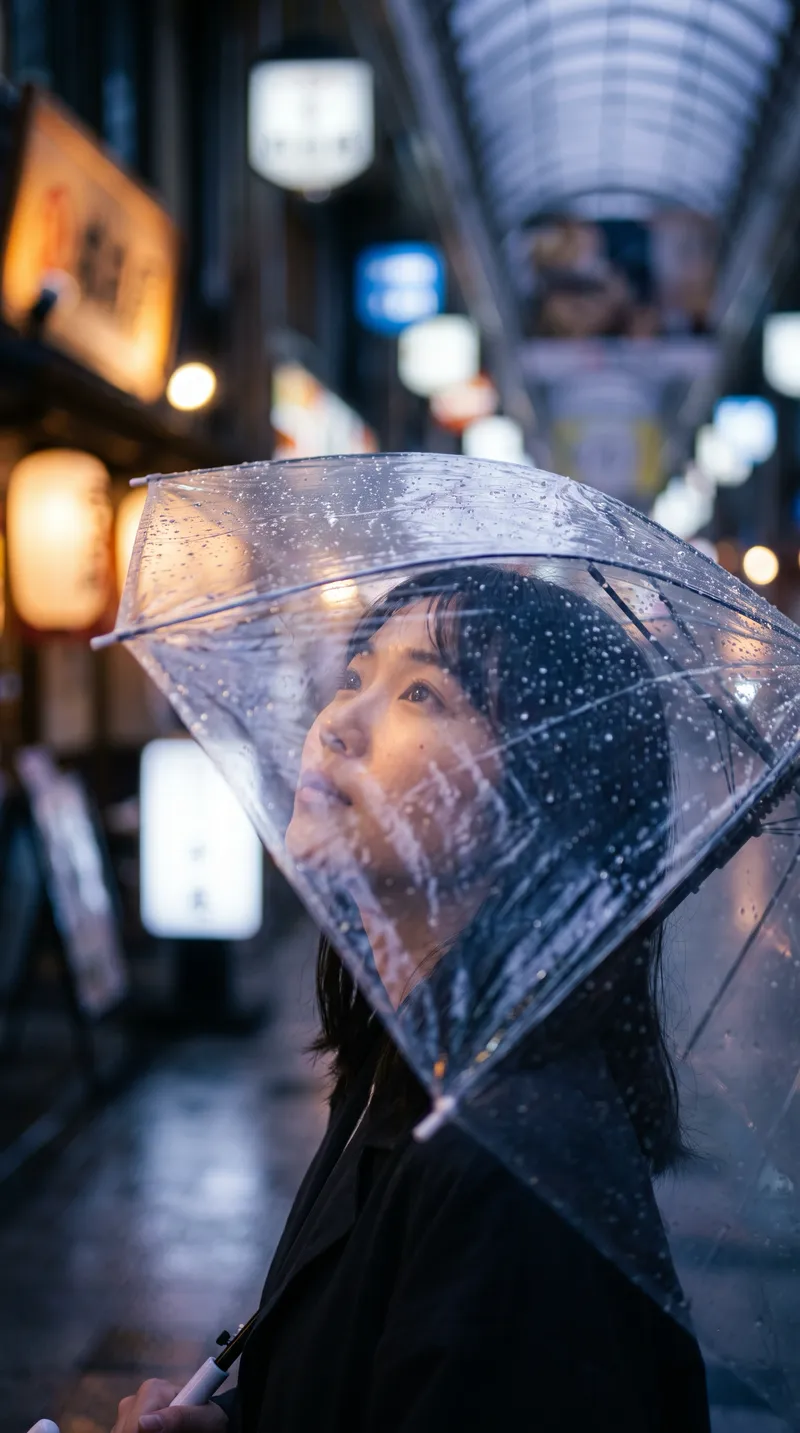 Woman Under a Clear Umbrella in a Rainy Arcade — AI-generated photograph