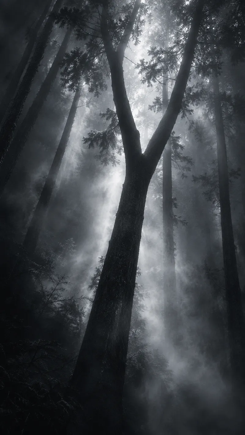 Forked Cedar Trunk in Silver Mist — AI-generated photograph