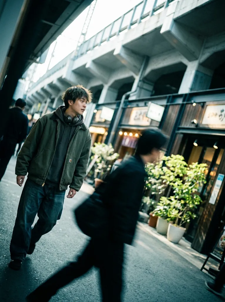 Young Man Walking a Sunlit Rail-Arch Arcade — AI-generated photograph
