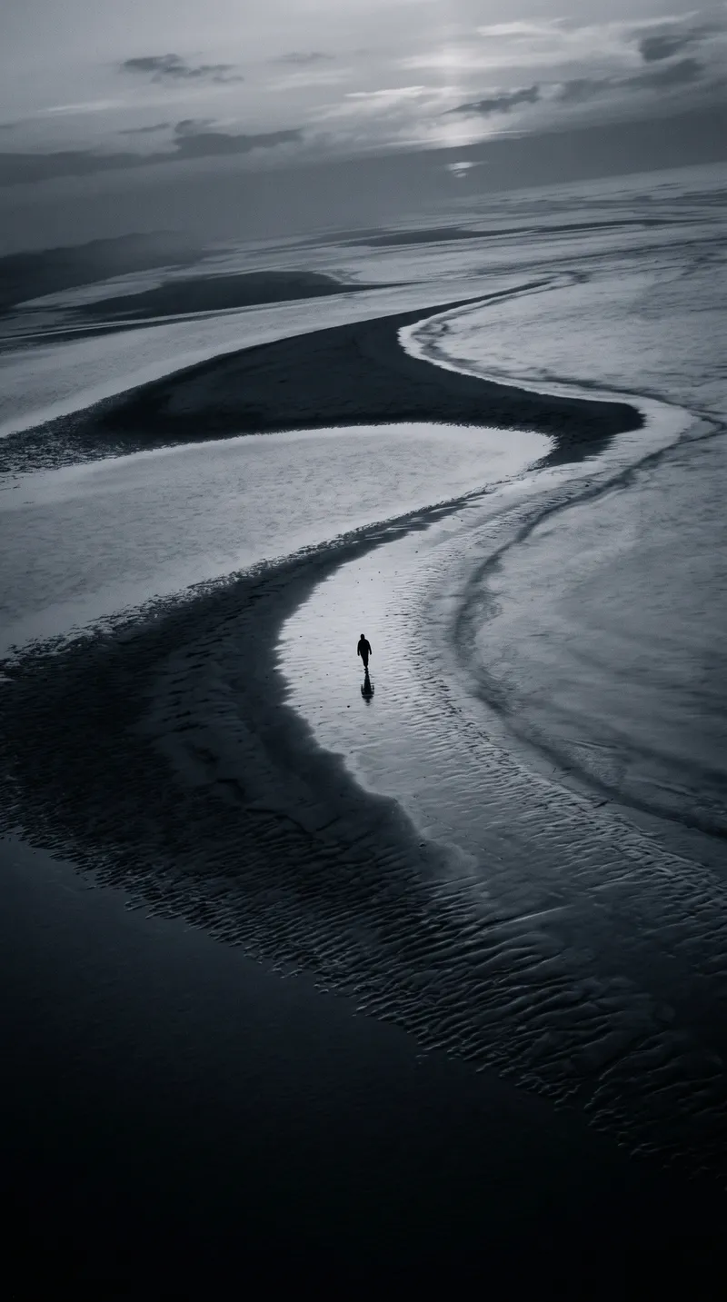Tiny Figure on Wet Tidal Sand Ridges in Monochrome — AI-generated photograph