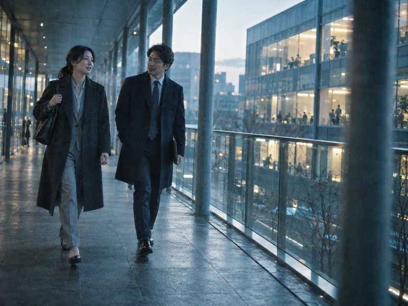 Colleagues Walking Along a Covered Office Walkway — AI-generated photograph