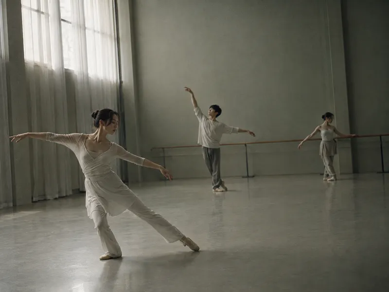 Three Dancers Rehearsing in a Sunlit Studio — AI-generated photograph
