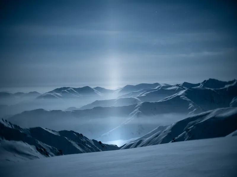 Layered Snow Ridges Below a Faint Moon Pillar — AI-generated photograph
