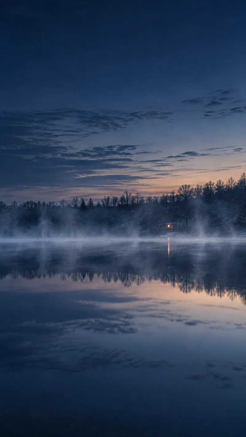 Bare Trees Reflected in a Misty Lake — AI-generated photograph