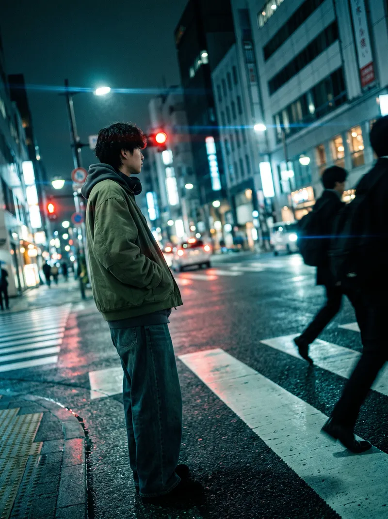 Youth Waiting at a Rain-Wet Crosswalk — AI-generated photograph