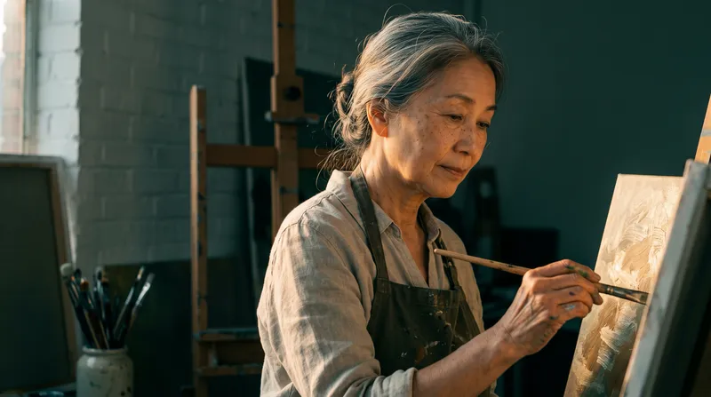 Elderly Woman Painter in Warm Window Light — AI-generated photograph