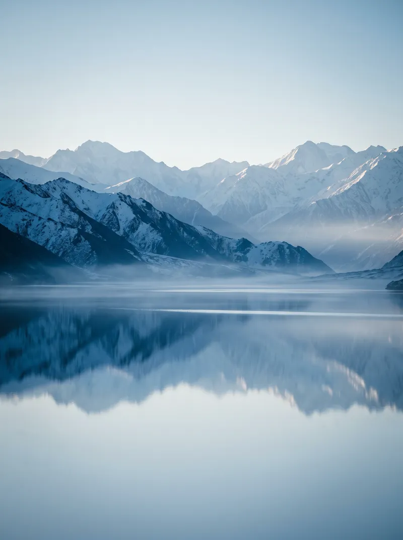 Snow-Capped Ridges Mirrored on a Misty Lake — AI-generated photograph