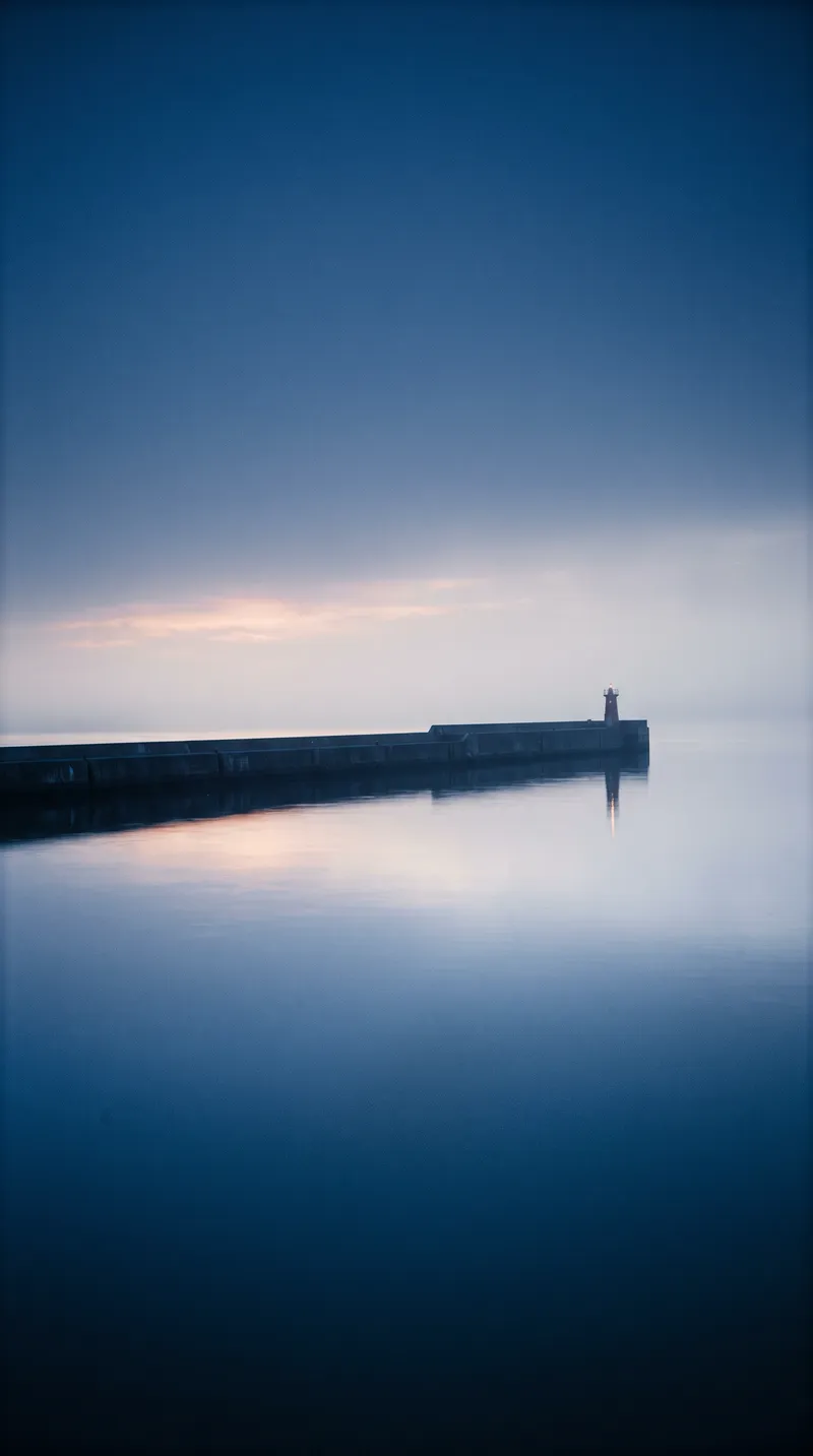 Breakwater Lighthouse in Dawn Sea Fog — AI-generated photograph