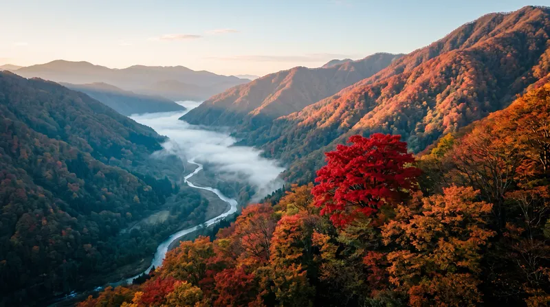 Autumn Ravine of Maples in Morning Mist — AI-generated photograph