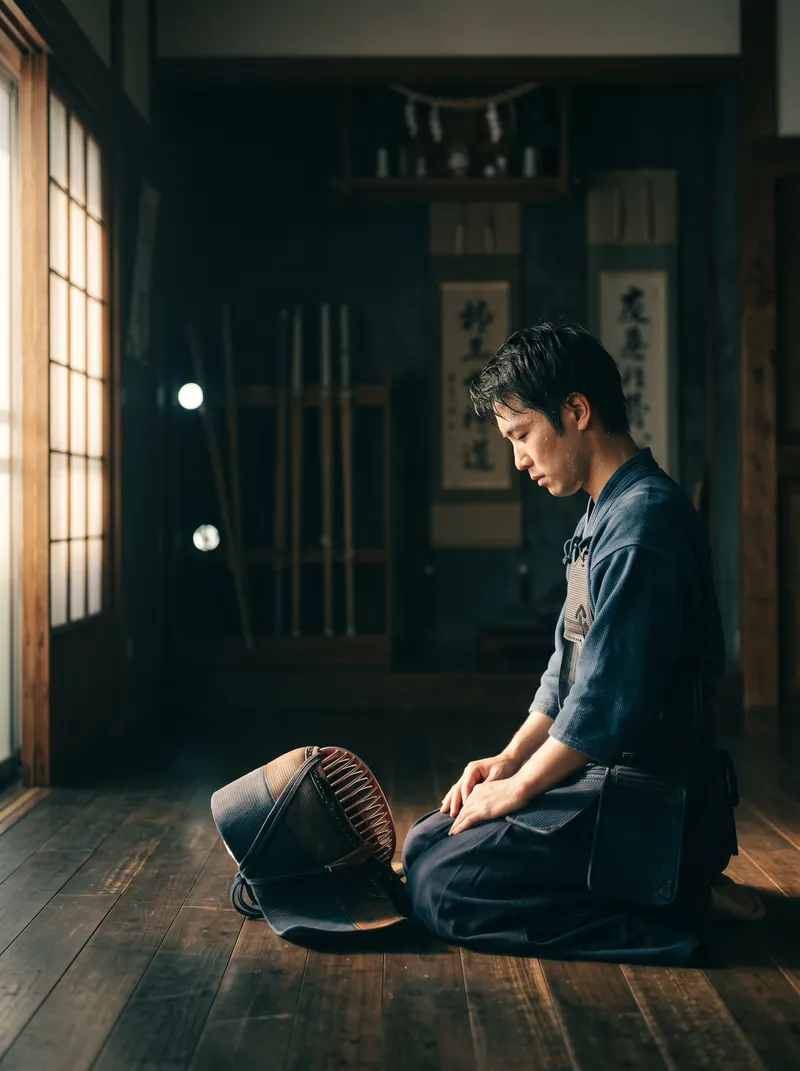Young Kendoka Resting in a Wooden Dojo — AI-generated photograph