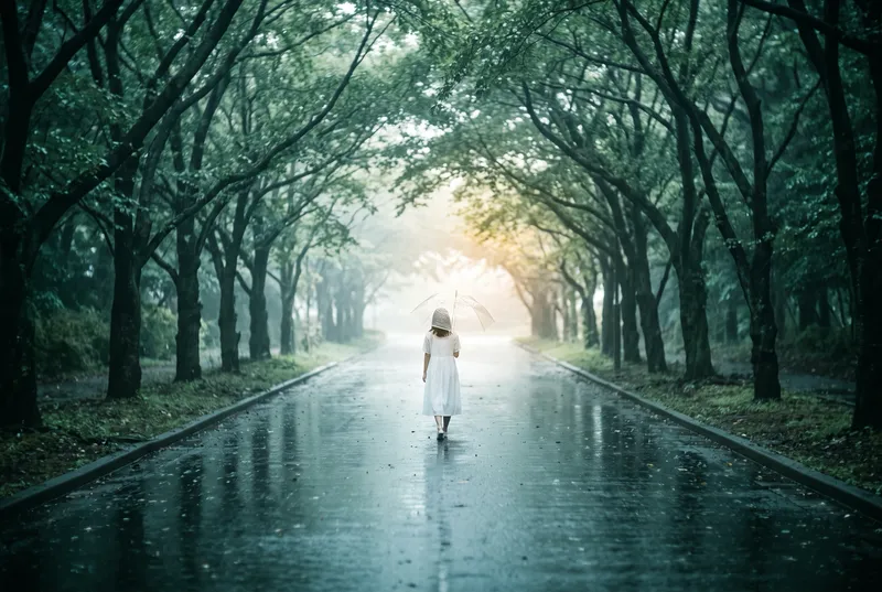 Woman Walking Down a Wet Tree-Lined Road — AI-generated photograph