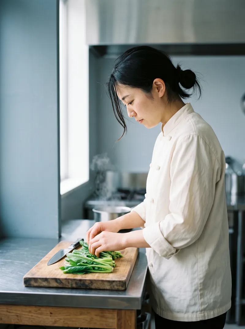 Female Chef Prepping Greens in Cool Light — AI-generated photograph