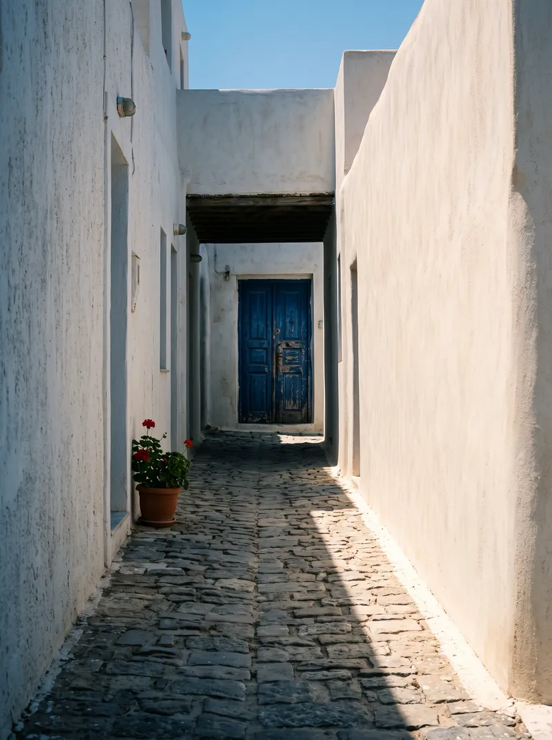 Sunlit Whitewashed Alley with Blue Door — AI-generated photograph