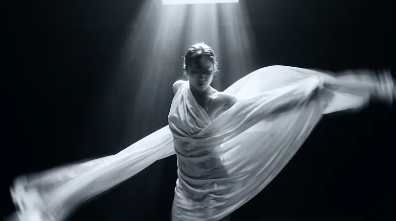 Dancer Swirling Fabric Under an Overhead Shaft — AI-generated photograph