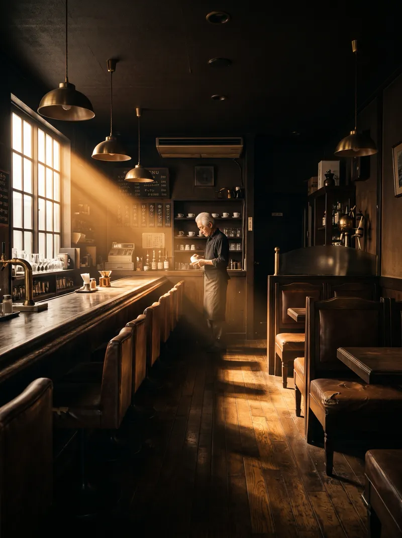 Elderly Man Behind an Old Cafe Counter — AI-generated photograph
