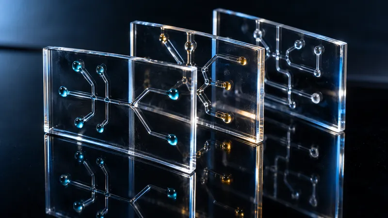 Three Microfluidic Chips on Black Mirror — AI-generated photograph