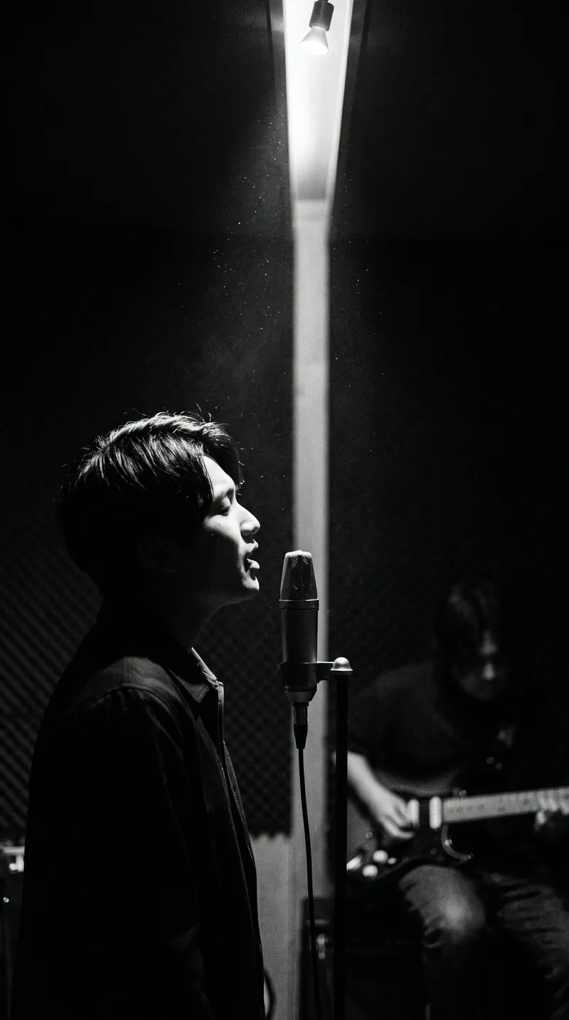 Man Singing into a Studio Microphone in Shadow — AI-generated photograph