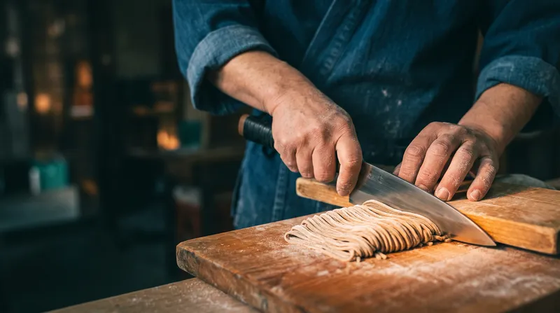 Hands Cutting Soba Noodles in Amber Light — AI-generated photograph