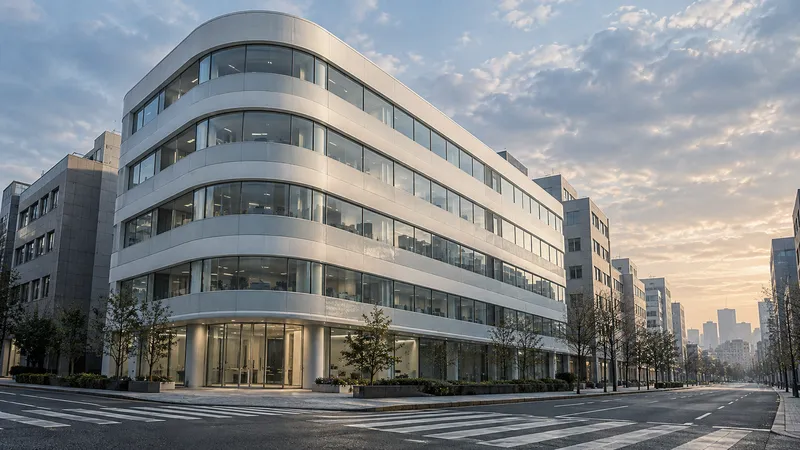 White Office Building on a Rounded Corner — AI-generated photograph