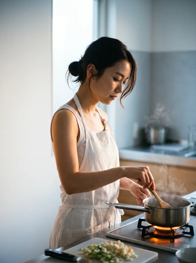 Woman Preparing Food in Amber Side Light — AI-generated photograph