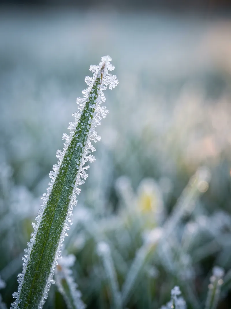 Frost-Rimed Grass Blades in Cool Dawn Light — AI-generated photograph