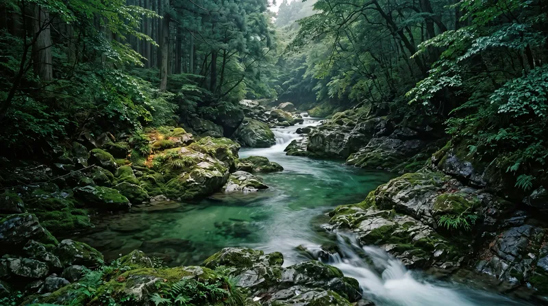 Silky Stream Over Mossy Gorge Rocks — AI-generated photograph