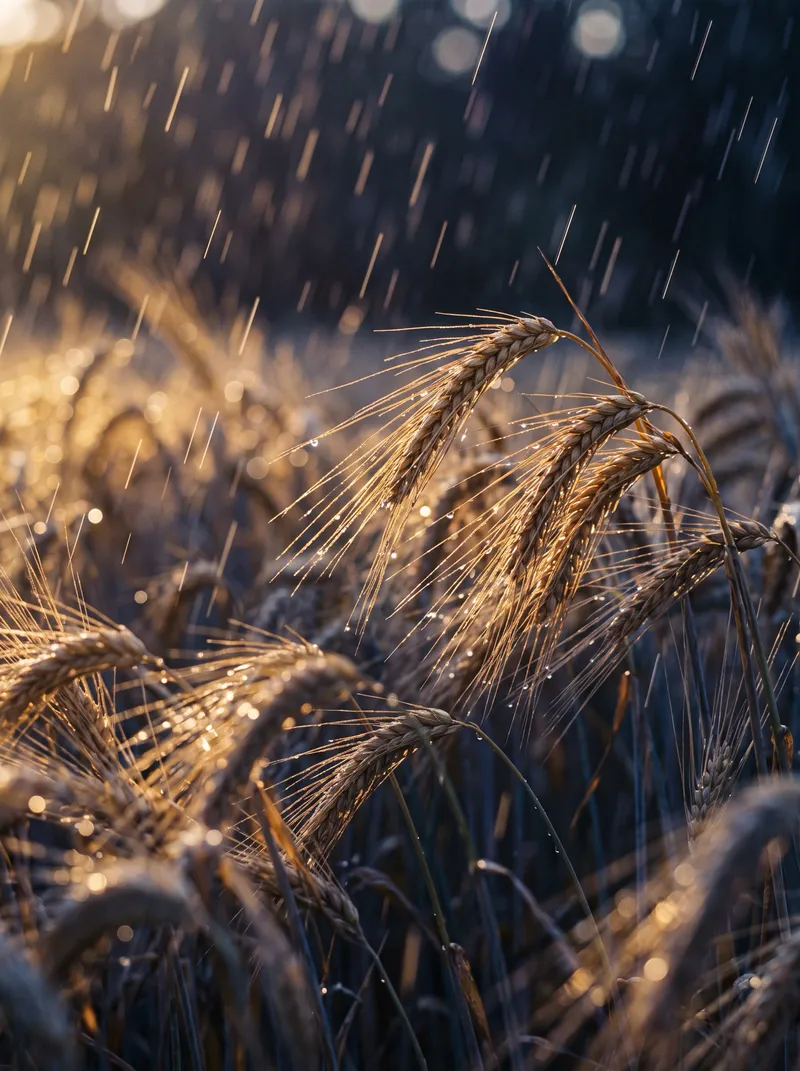 Silver Rain Over Golden Wheat Ears at Dusk — AI-generated photograph