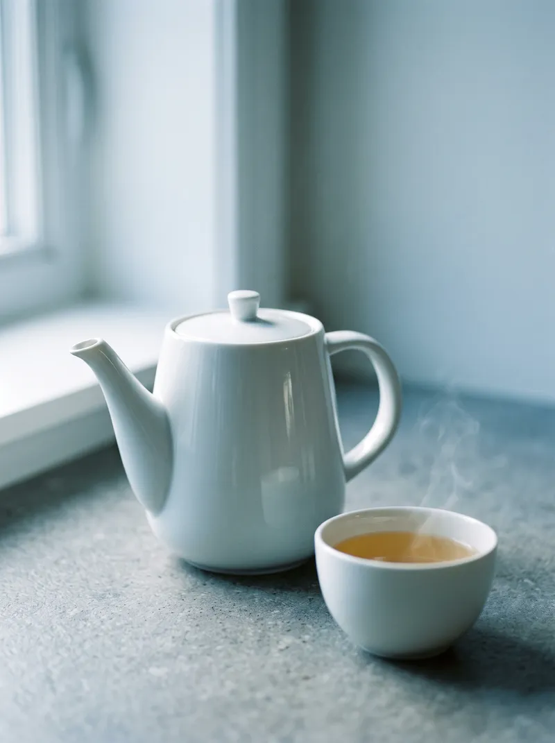 White Porcelain Tea Set in Cool Morning Light — AI-generated photograph
