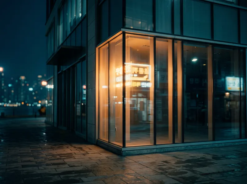 Night Glass Facade Reflecting Neon in Amber and Teal — AI-generated photograph
