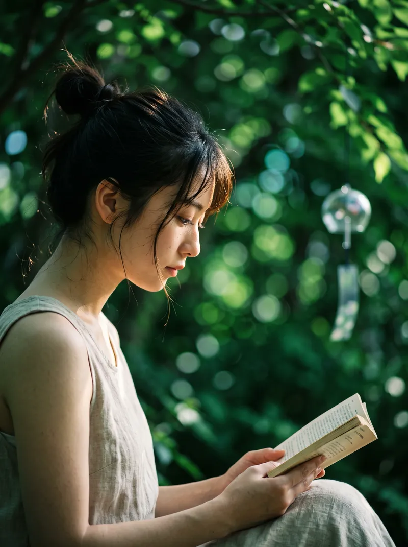 Woman Reading in Dappled Summer Shade — AI-generated photograph