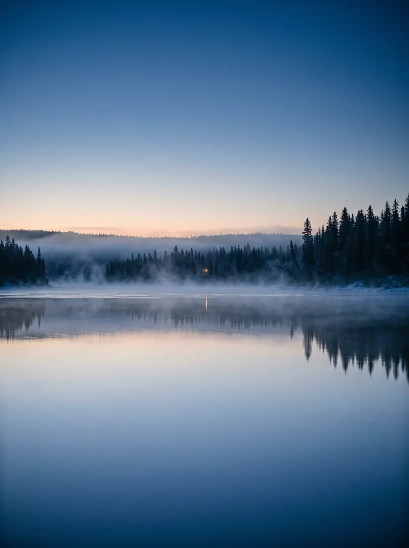 Evergreen Conifers Mirrored in a Misty River at Dawn — AI-generated photograph