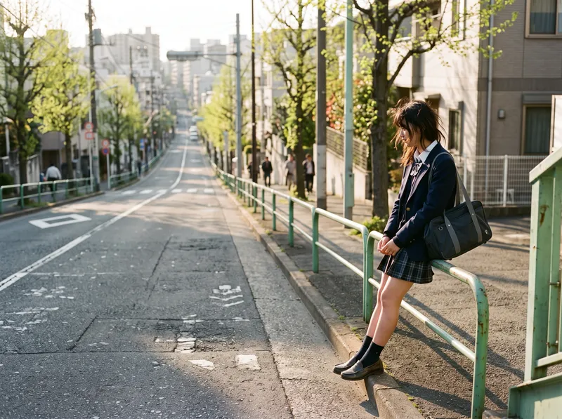 Schoolgirl Leaning on a Green Guardrail at Dusk — AI-generated photograph