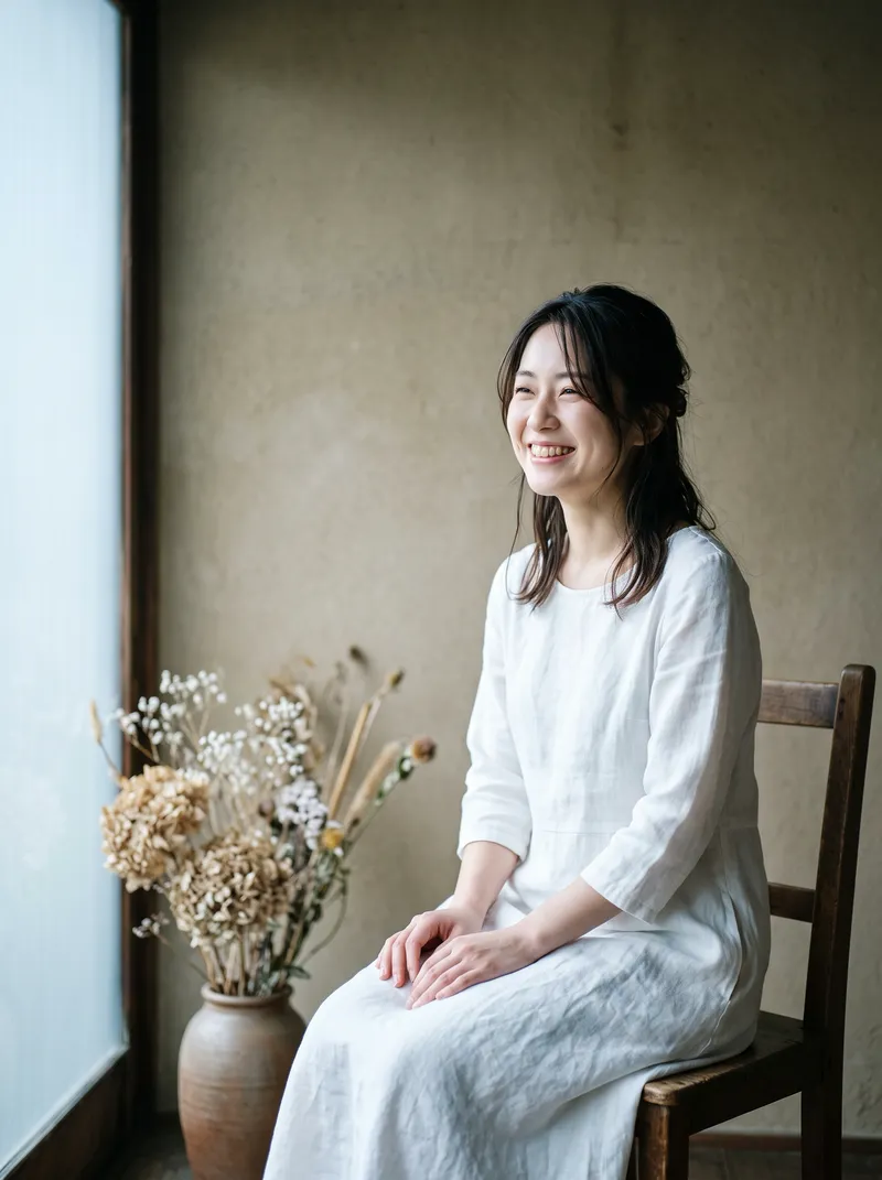 Smiling Woman in White Linen by a Window — AI-generated photograph