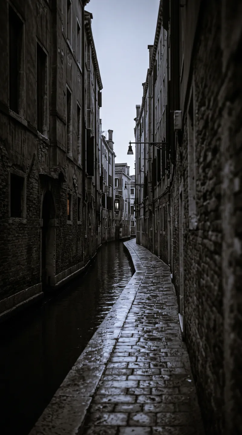 Narrow Canal Alley in Monochrome — AI-generated photograph
