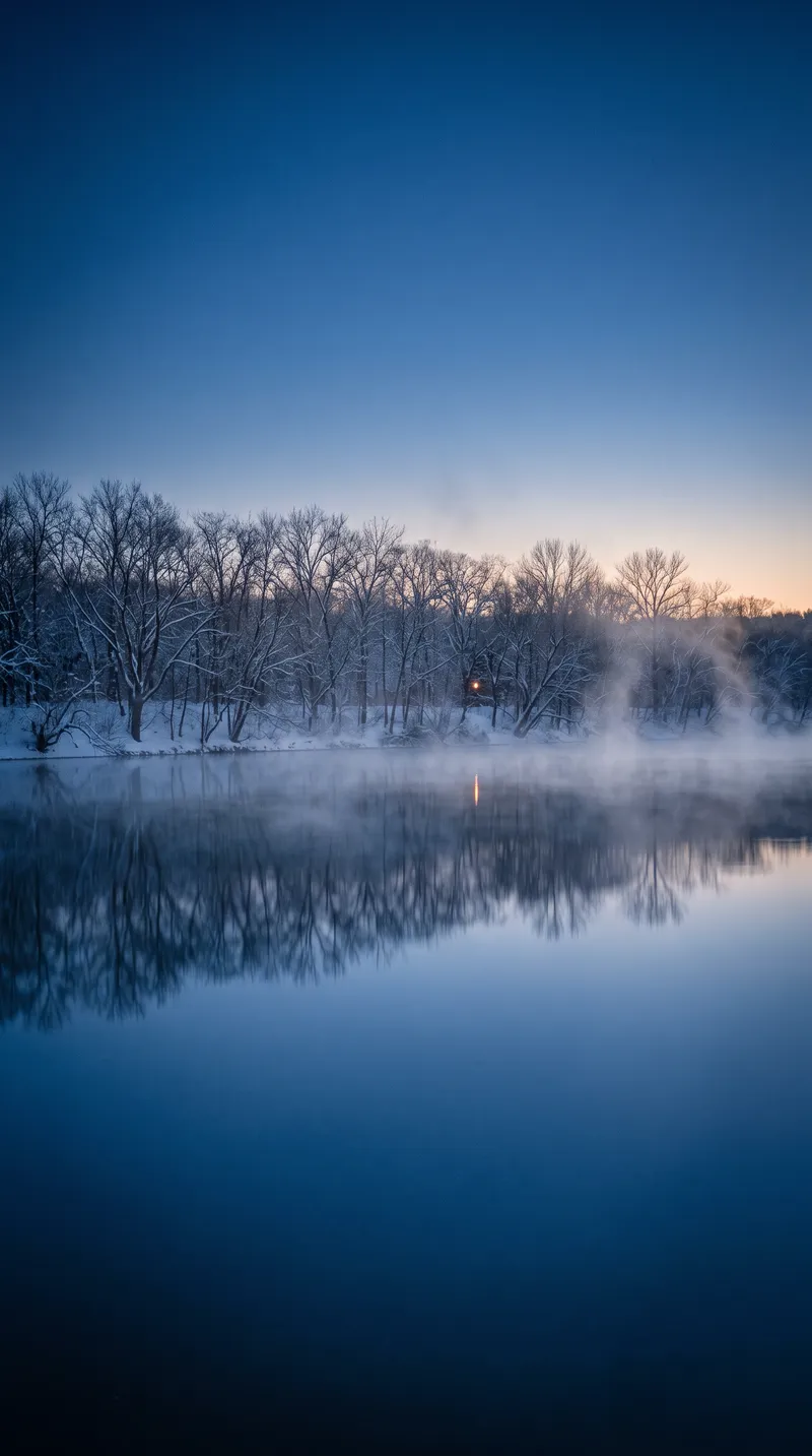 Snow-Dusted Bare Trees Mirrored in a Misty Winter River — AI-generated photograph