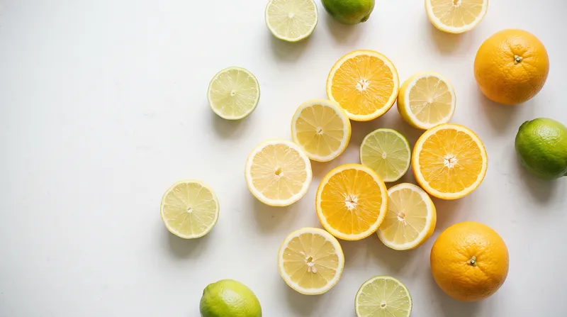 Overhead Flat Lay of Citrus Halves on White Stone — AI-generated photograph