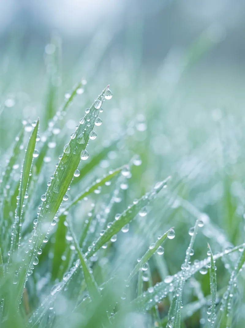 Layered Grass Blades With Raindrops at Cool Dawn — AI-generated photograph