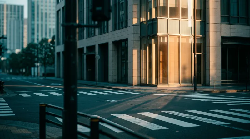 Sunlit Glass Corner Above an Empty Crosswalk — AI-generated photograph
